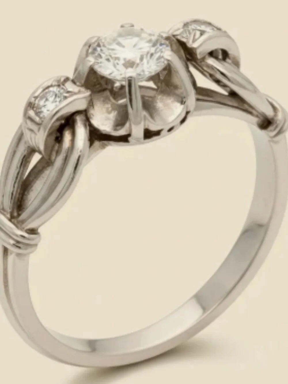 Platinum Art Deco 3-Stone Love Knot Bridal Wedding Registry Engagement Ring